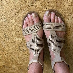 Corkys Tan Geometric T-Strap Sandals